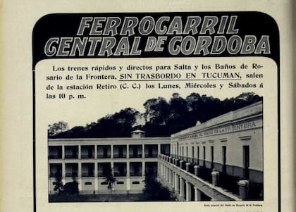 Anuncio de los viajes directos a Salta y Rosario de la Frontera sin trasbordo en Tucumán del Ferrocarril Central de Córdoba. 1918