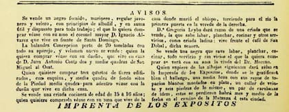 Anuncios del 14 de febrero de 1818 que incluyen ventas de Ignacio Álvarez Thomas y María Guadalupe Cuenca de Moreno.