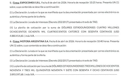 Apertura de sobres con distintas ofertas dentro de la compulsa abreviada que tuvo como ganadora a Motora Argentina