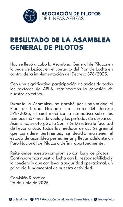 APLA aprobó un paro nacional de pilotos en rechazo al decreto que modifica los tiempos de vuelo