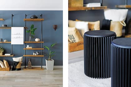 En el mueble, cuadro corredizo (Sur Arte Shop) sobre riel, vaso Botero (Estudio Mes), cuencos en papel y cerámica negros (Casa María Paula), velas en lata (HN Argentina), cámaras de fotos en cemento (Cofradía Concreto) y suculentas en fichero vintage (Jarclé Design).