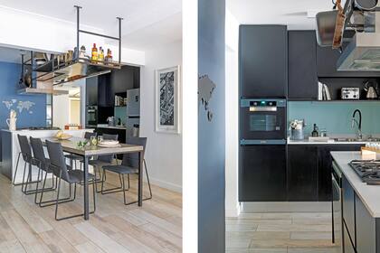 Apoyada contra la isla, la mesa principal (Quaystone) con seis sillas (FC Hogar Deco). Platos y bandeja de cerámica artesanal (Candela González Arzac), servilletas de gasa de algodón teñido a mano (Timo Cotton) y panes (Marina Becher).