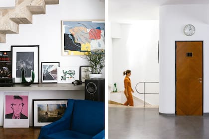 Aprovecharon el bajo escalera para instalar un estante de cemento. Cuadro colgado (Lobo Velar). Sobre la puerta del ascensor que ahora tiene otras funciones, reloj vintage (Vox Tronic)