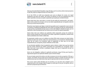 El descargo de Armando Alfonso Belardi González, el árbitro venezolano suspendido por no reportar un acto corrupto en el tenis. 