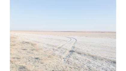 Huellas de autos a través de la tierra salina fuera de la aldea de Zhalanash, cerca del mar de Aral