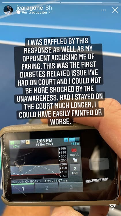 Aragone publicó en Instagram un mensaje con una foto del aparato con el que mide su nivel de azúcar.