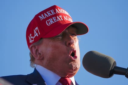ARCHIVO - El candidato presidencial republicano, el expresidente Donald Trump, habla en un mitin de campaña en Freeland, Michigan, el 1 de mayo de 2024. (AP Foto/Paul Sancya, Archivo)