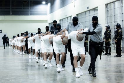ARCHIVO - En esta imagen proporcionada por la oficina de prensa presidencial de El Salvador, guardias de prisiones trasladan a deportados de EEUU acusados de ser pandilleros venezolanos en el Centro de Confinamiento del Terrorismo en Tecoluca, El Salvador, el 16 de marzo de 2025. (Oficina de prensa de El Salvador via AP, Archivo)