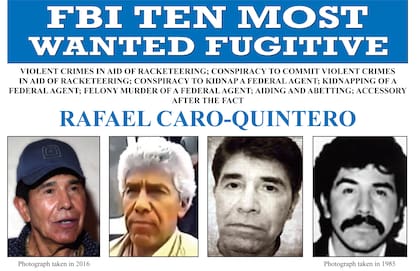 ARCHIVO - Esta imagen fue difundida por el FBI de Rafael Caro Quintero antes de ser capturado por la justicia estadounidense. (FBI vía AP, Archivo)
