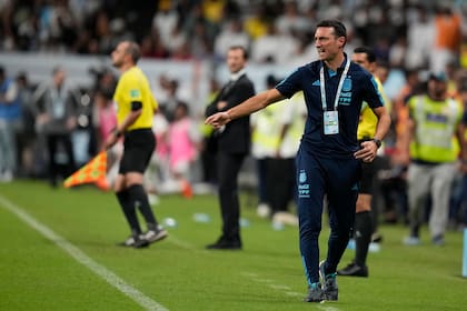 Argentina's head coach Lionel Scaloni, front. Watches the game during a friendly soccer match between Argentina and United Arab Emirates in Abu Dhabi, Wednesday, Nov. 16, 2022. (AP Photo/Kamran Jebreili)