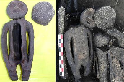 La pequeña estatua tiene además una raya a lo largo de su cara que simbolizaría un tatuaje. La figura fue colocada boca abajo, pero luego le separaron la cabeza y la dieron la vuelta para que mirara hacia arriba, en un ritual los arqueólogos aún no saben interpretar