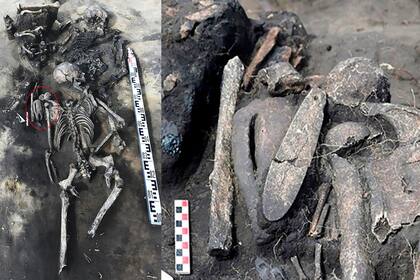 La mujer fue colocada encima del hombre y acostada cara a cara frente a él. En su hombro se encontró una figura de arcilla del tamaño de la palma de una mano hecha de vértebras de caballo
