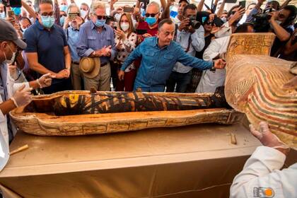 Waziri junto a El-Anany y al arqueólogo egipcio Zahi Hawass, abrieron por primera vez dos ataúdes de madera sellados, de los que surgieron dos momias cubiertas con tela y adornos dorados en perfectas condiciones