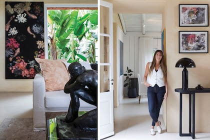 Arquitecta y artista, la dueña de casa posa junto a la consola en madera quemada y velador engamado.