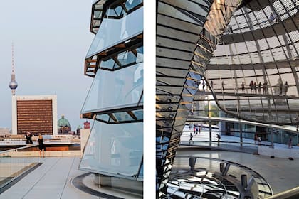 A la izquierda, vista desde la terraza del Reichstag hacia otras Alemanias: la clásica (representada en la catedral); la ex DDR (en la torre de televisión) y la de pujante economía (en el Centro de Comercio Internacional).