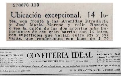 Arriba, el aviso que promocionaba los lotes de la manzana que luego ocuparía el edificio de Enquin y que se dividió en 14 parcelas que salieron a remate a través de la firma Publio Massini y Cía; abajo, el anuncio de la confitería La Ideal que promocionaba sus distintas sucursales y servicios