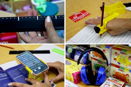 Arriba, una regla en braille y un adaptador de escritura palmar para adultos. Abajo, un soporte que permite amplificar la lectura con el celular y un reductor de sonidos.