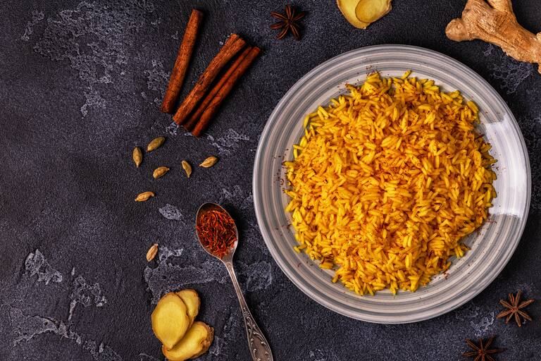 Saffron,Rice,With,Spices.,Top,View,,Copy,Space.