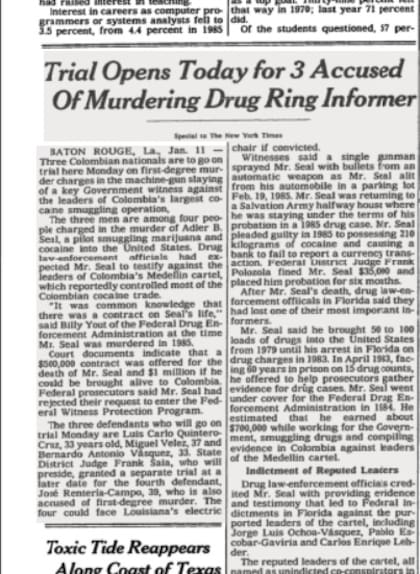 Artículo de The New York Times que cuenta el inicio del juicio a los tres sicarios colombianos acusados de asesinar a Barry Seal