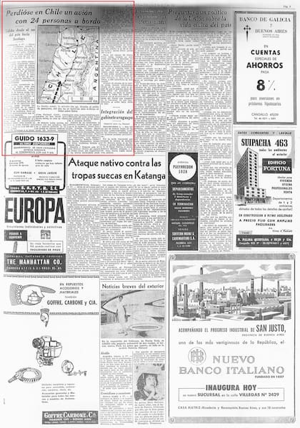 Artículo del diario LA NACION del 5 de abril de 1961en el que se anunciaba la desaparición del avión
