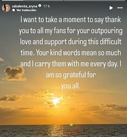 Aryna Sabalenka expresó su dolor en su cuenta de Instagram