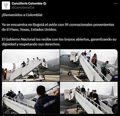 Así anunció el gobierno de Colombia la llegada de un vuelo con 91 deportados