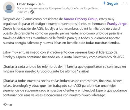 Así anunció Omar Jorge, hijo de los fundadores de la compañía el traspaso de mando a su hermano, Franky Jorge