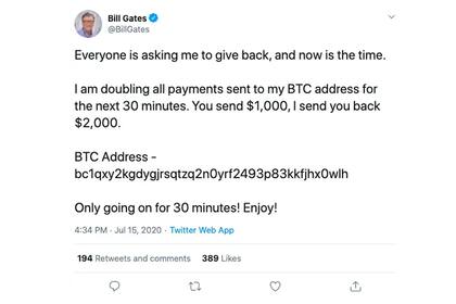 Así apareció hackeada la cuenta de Bill Gates con un mensaje de una supuesta estaba con bitcoins
