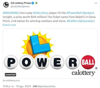 Así celebró la lotería de California al ganador del premio mayor de Powerball