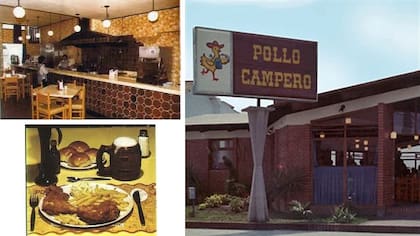 Así era el interior del primer restaurante Pollo Campero y el menú que se servía entonces. A la derecha, la fachada exterior del segundo de sus restaurantes.