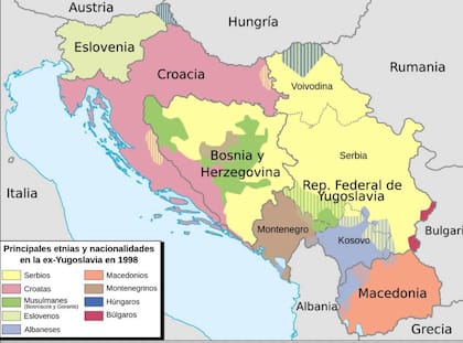 Así estaba conformada la ex Yugoslavia en 1998, tras las guerras de Croacia y de Bosnia y antes de la ofensiva serbia contra Kosovo