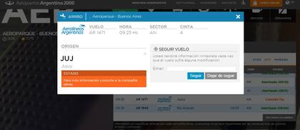 Así figura el vuelo en la página de Aeroparque