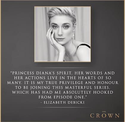 Así fue el anuncio de la incorporación de Debicki. “El espíritu de la princesa Diana, sus palabras y sus acciones viven en los corazones de muchos. Es un verdadero privilegio y honor entrar a formar parte de esta magistral serie que me tuvo enganchada desde el primer episodio”, dijo la actriz.