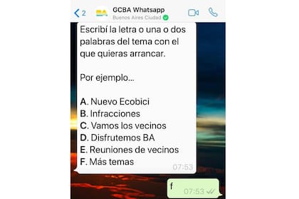 A continuación, pide al usuario que indique el tema de interés (identificado con letras)