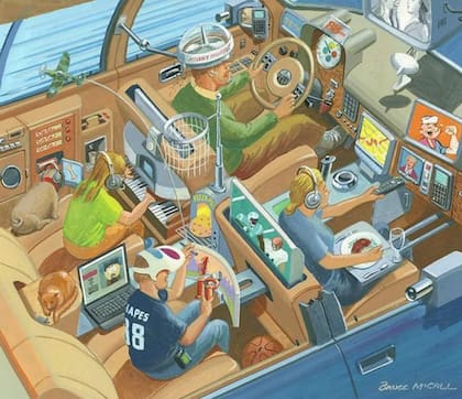 Así imaginaba los viajes familiares del futuro el ilustrador canadiense Bruce McCall en los años 80, cuando recién nacía internet