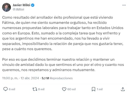 Así Javier Milei comunicó su separación de Fátima Florez (Foto: captura X)