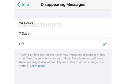Así luce el ajuste de 24 horas disponible en la función mensajes temporales de WhatsApp