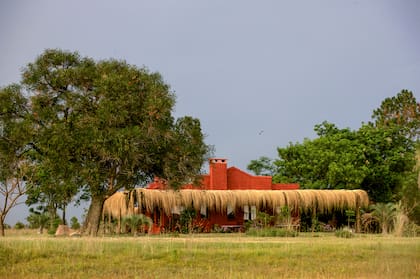 Así luce el casco de la estancia hoy. Su marca distintiva es el techo de pajas colgantes, una idea importada del noroeste argentino.