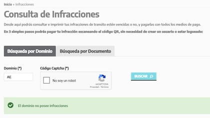 Así luce el sitio web cuando el dominio no posee infracciones de tránsito
