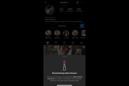 Así lucía el perfil de Adam Mosseri, CEO de Instagram, tras sufrir el bloqueo de su cuenta con una solicitud apócrifa que reportaba su muerte