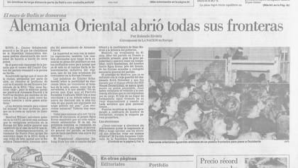 Así publicaba La Nación la caída del muro en su tapa del 10 de noviembre de 1989