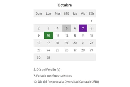 Así queda el calendario de feriados en octubre