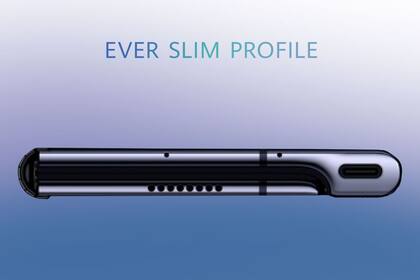 Así queda el Huawei Mate X plegado visto desde abajo; la pantalla ocupa el frente, el lomo y el dorso; toda la electronica está en una columna donde van también las cámaras
