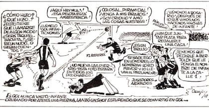 Así reflejaba el humorista gráfico Casajús el gol de rabona de Ricardo "Beto" Infante, delantero de Estudiantes, a Rosario Central, jugada que quedó inmortalizada desde aquel septiembre de 1948