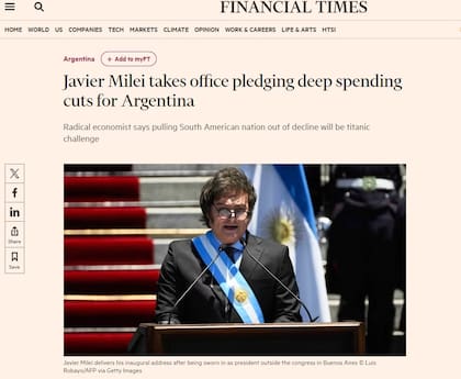 Así reflejó el diario británico especializado en economía, Financial Times, la jura de Milei