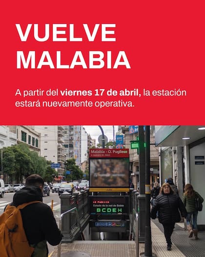 Así se confirmó la reapertura de la estación Malabia en la Línea B