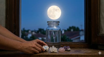 Así se hace la carga de agua lunar y cristales durante la Luna de las Flores (imagen ilustrativa generada con IA)