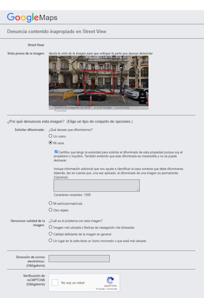Así se ve el formulario para completar la denuncia de difuminado (Captura: Google Maps)