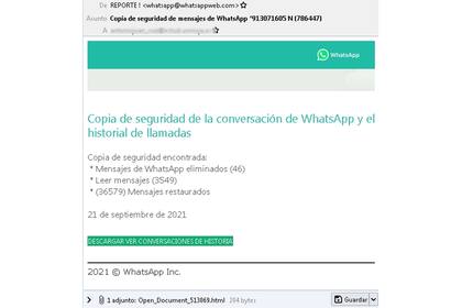 Así se ve el mensaje de correo electrónico que simular ser una copia de seguridad de WhatsApp
