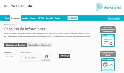 Así se ve el sitio web de la provincia de Buenos Aires donde se consultan las multas